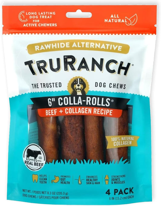 TRURANCH Collagen Rolls - 6" Collagen Rolls for Dogs - Long Lasting Healthy Joint Support Dog Treat - Rawhide Alternative - Skin & Coat Health - Made with Real Beef, 1 Bag, 4 Count