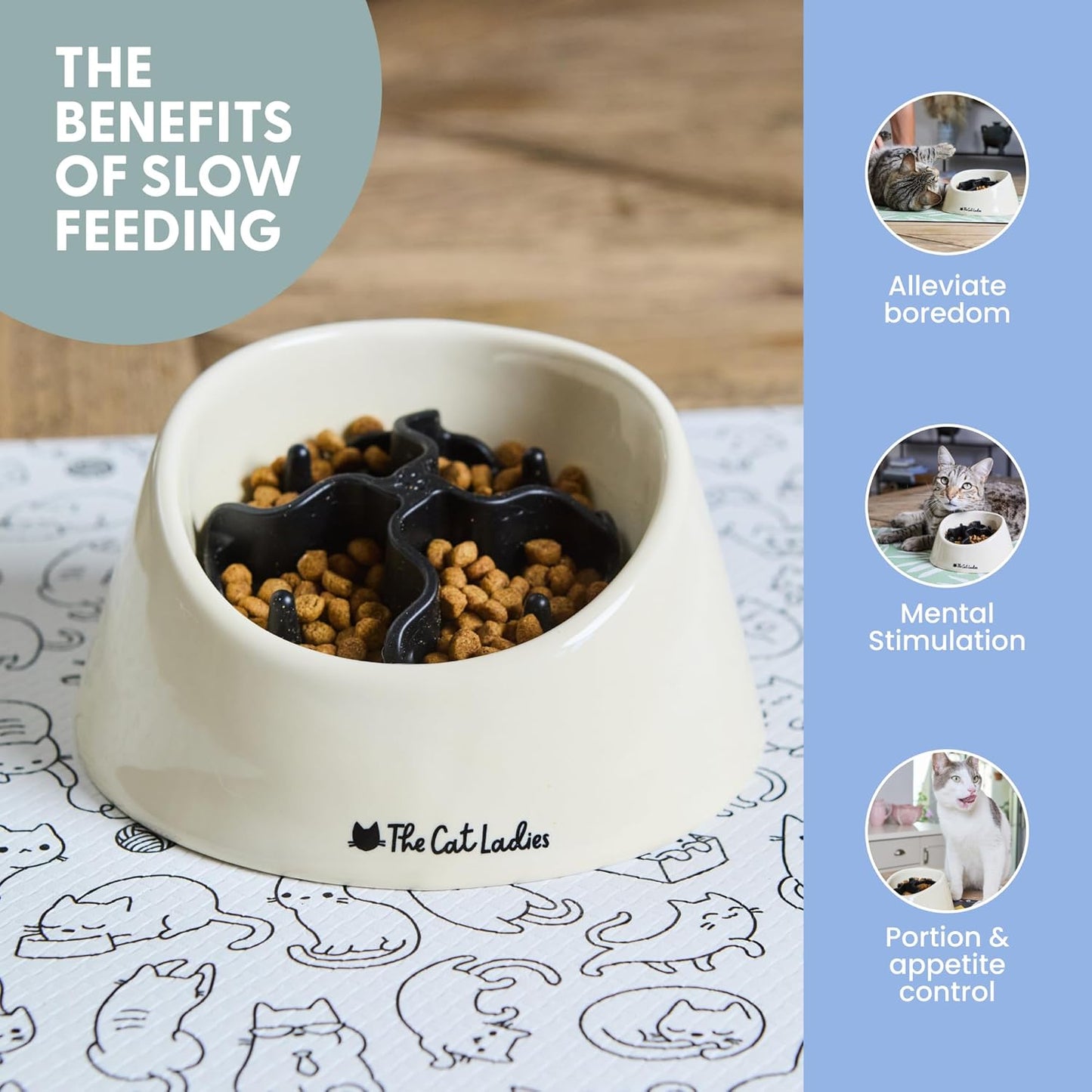 The Cat Ladies Slow Feeder - Healthy Feeding Bowl with Two Silicone Inserts - Help Pets Eat Slower - Control Eating Pace for Better Digestion - Feed Bowls Set for Dogs or Cats