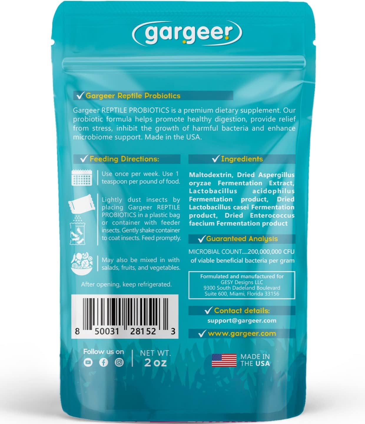Reptile Probiotics. Improve Appetite, Digestion and Boost Immune System. Supplement 10-12 Pounds of Food with Our 2 Oz Bag. Enjoy!
