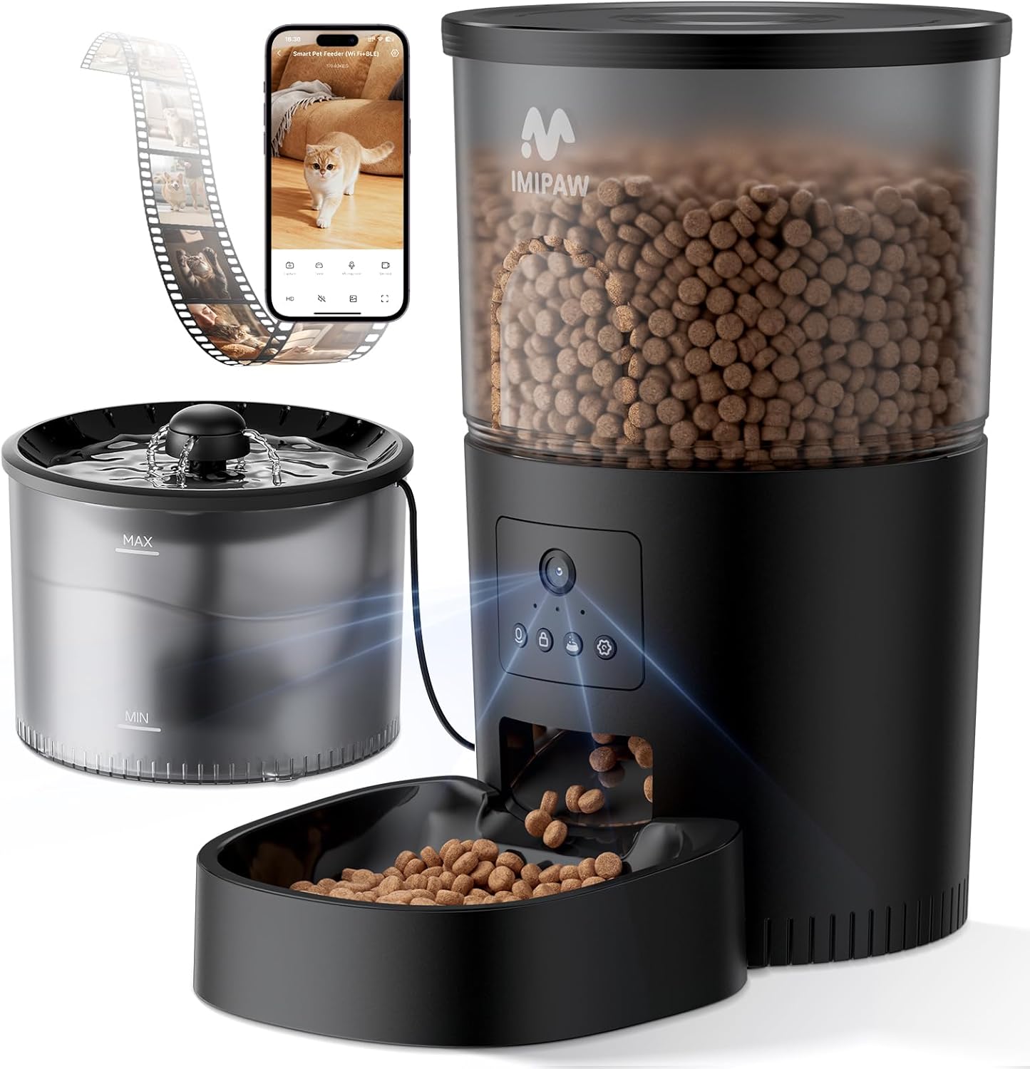 Automatic Cat Feeder with Camera and Water Fountain, 1080P HD AI Pet Recognition, APP Remote Control, Timed Food Dispenser, Two-Way Audio, Night Vision Function, 3L Fountains for Drinking with Filter