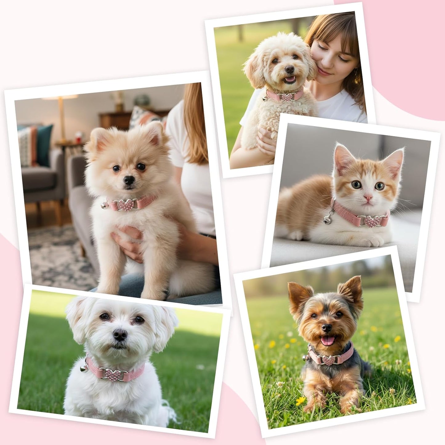 Adjustable Cat Collar, Cat Collars for Girl Cats, Bling Rhinestone Heart,Pink Cats Collar, Pink Puppy Collars with Bell, 8-11 Inches