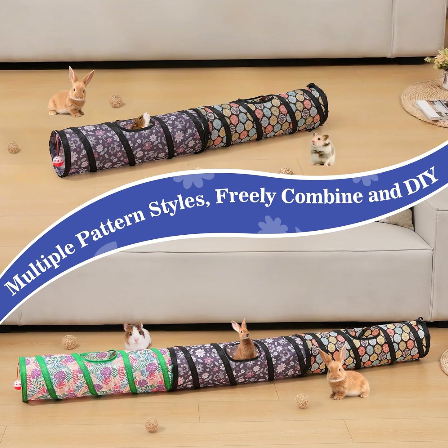 Pawaboo Small Pet Straight Tunnel, 23.6in Guinea Pig Tunnels and Hamster Tubes, Collapsible Small Animal Hideout with Interactive Bell and Balls, for Hamsters Guinea Pigs Rabbits Ferrets Chicks,Leaves