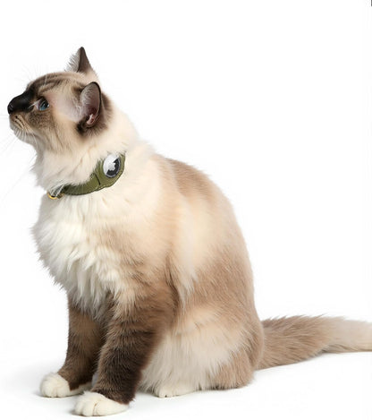 AirTag Cat Collar with Bell & Fabric Liner - Pet Collar Leather Cat Collar - Non Breakaway Leather Kitten Collar with AirTag Holder - GPS Cat Collars for Boy Cats, Girl Cats (Olive Green)