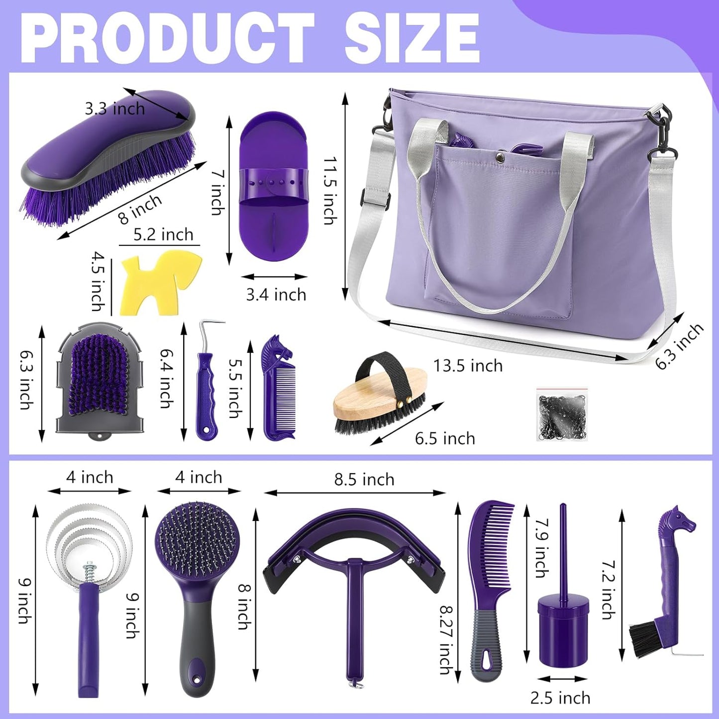 Abbylike 15 Pieces Horse Grooming Kit with Organizer Tote Bag Tack Room Supplies Horse Brush Sets Care Equine Cleaning Kit Shedding Grooming Massaging Tools(Purple and Grey)