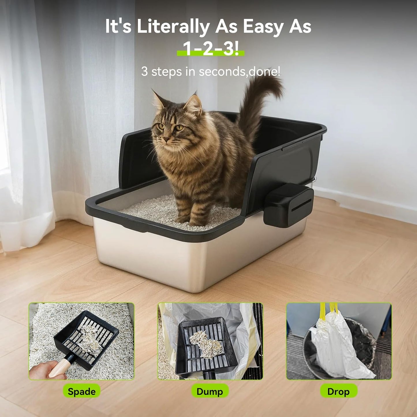 Stainless Steel Litter Box, Large Metal Cat Litter Boxes with High Sided for Big Cats Multiple Cats 24"X20"X16"