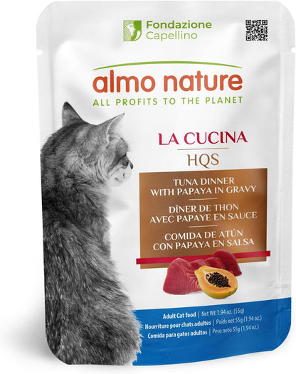 almo nature HQS Cat Food Bundle: (12) 2.47oz Natural Variety Pack (Atlantic Tuna, Mackerel, Trout & Tuna, Chicken & Shrimp) + (12) 1.94oz Tuna & Papaya in Gravy Pouches