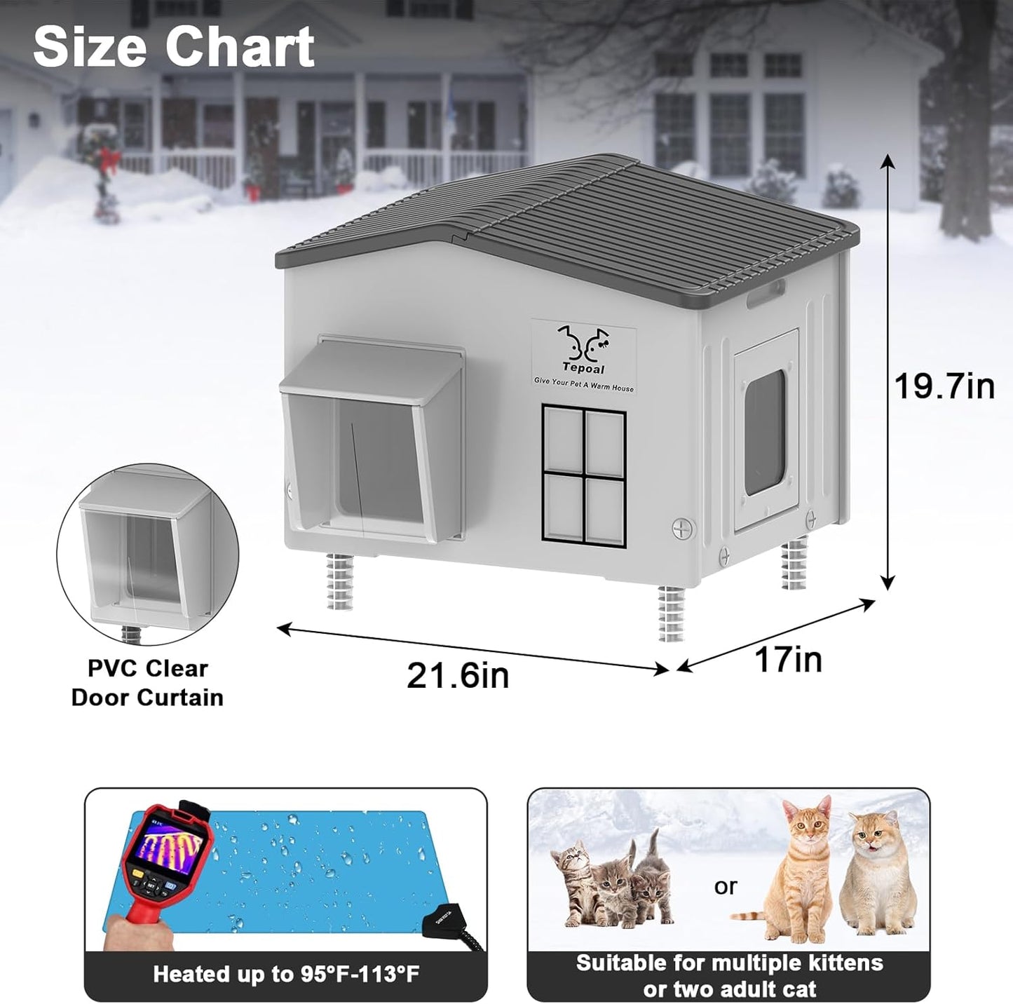 Large Plastic Heated Cat House for Outside in Winter, 100% Weatherproof & Insulated Outdoor Heated Cat House with Safe Escape Door, Elevated Feral Cats Shelter for Barn Cats 21.6"x17"x19.7"