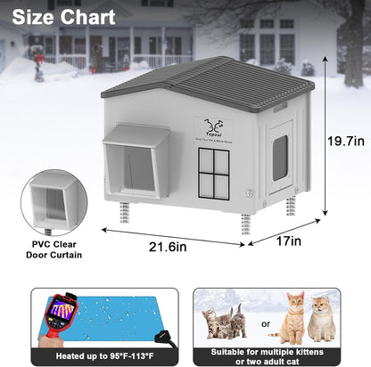 Large Plastic Heated Cat House for Outside in Winter, 100% Weatherproof & Insulated Outdoor Heated Cat House with Safe Escape Door, Elevated Feral Cats Shelter for Barn Cats 21.6"x17"x19.7"