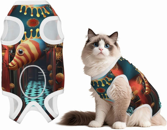 Colorful Fish Dog Surgery Suit Recovery Suit, 100% Cotton Breathable Full Body Dog & Cat Surgical Suit with Cute Prints, Alternative to Cone for Spay Neuter Wound Care, Male & Female Pets Medium