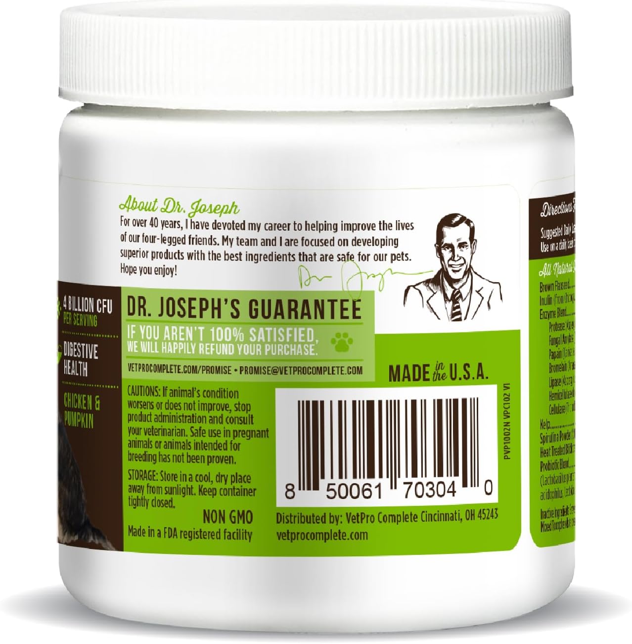 Dr. Joseph's VetPro Complete Advanced Powdered Pre & Probiotics for Dogs, 90 Scoops, Supports Gut Health, Diarrhea, Digestive Health & Seasonal Allergies, Chicken/Pumpkin Flavor, Add to Food