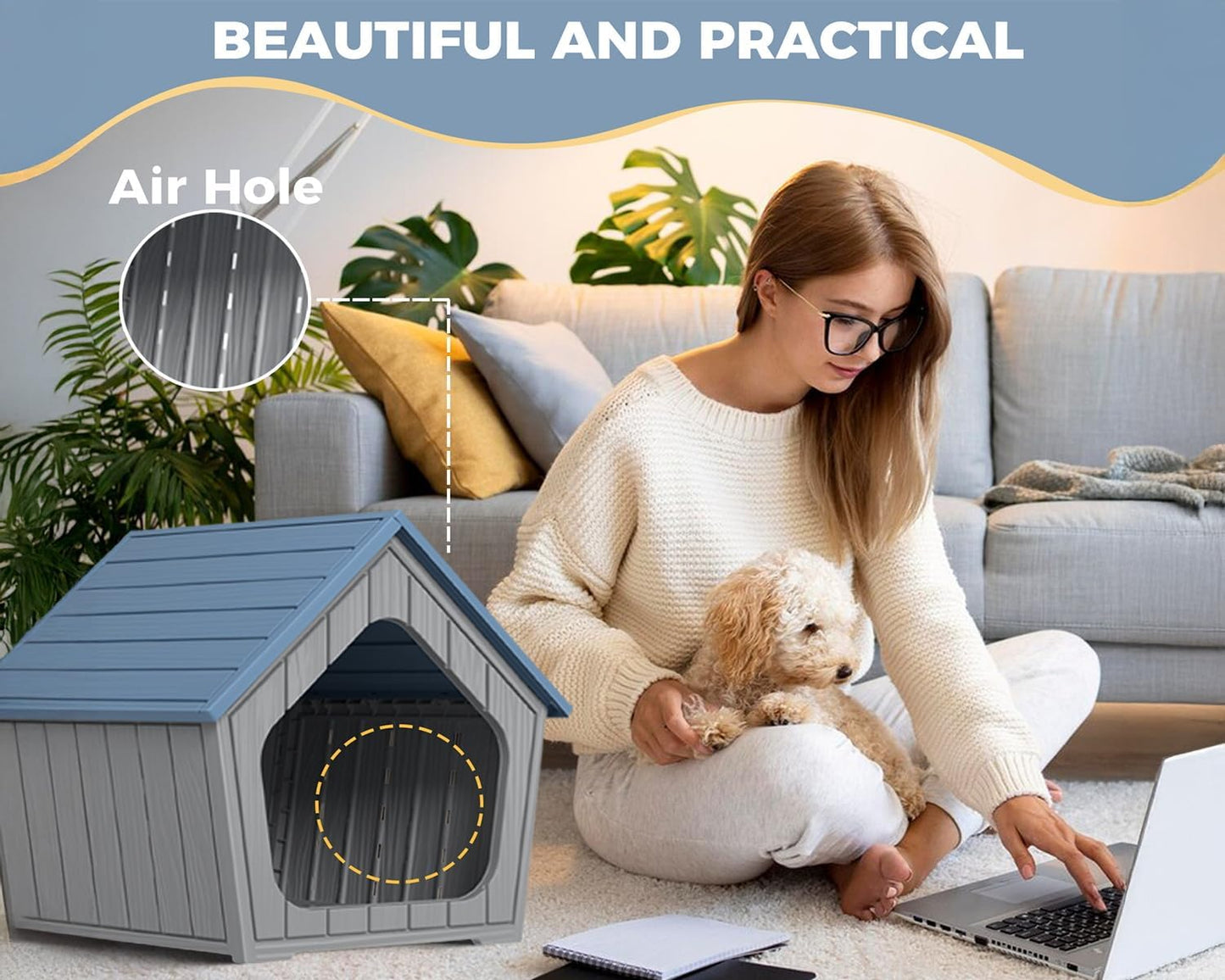 DRATO Dog House Indoor Outdoor Durable Resin Material Houses for Dogs Outside Weatherproof Cozy Small Dog Houses Pet Shelter for Patio, Porch, Living Room