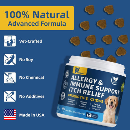 Dogs Allergy & Itch Relief Chews, Dog Probiotics for Itchy Skin and Itchy Ear, Dog Allergy Supplement for Paw Licking, Pet Itching Skin Relief with Colostrum, Fish Oil, Probiotic to Boost Immune 120ct