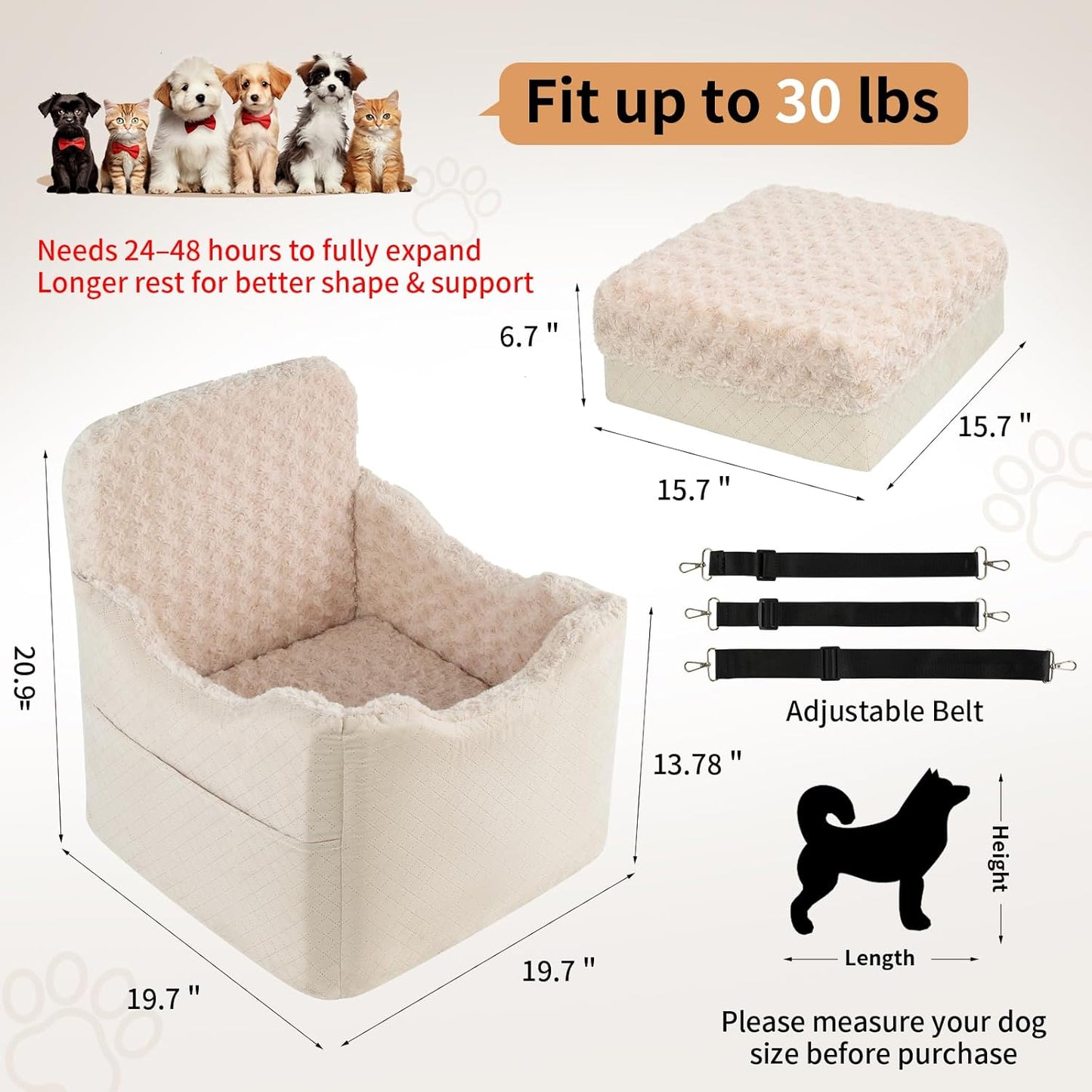 Dog Car Seat for Small Medium Dogs - 6.7inch Elevated Dog Booster Car Seats with Deluxe Rose Plush, Washable Travel Safety Pet Carseat Bed with 2 Safety Belts and Storage Pockets(Beige)