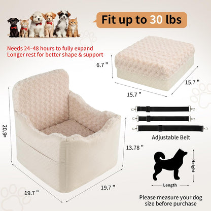 Dog Car Seat for Small Medium Dogs - 6.7inch Elevated Dog Booster Car Seats with Deluxe Rose Plush, Washable Travel Safety Pet Carseat Bed with 2 Safety Belts and Storage Pockets(Beige)
