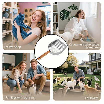 Premium Stainless Steel Cat Litter Scoop-Triple Guard Walls&Non-Stick Design,Silver,Flat Shovel Head Design Solid Deep Edge Wood Handle,Dual Hooks 1Pack,6.1x5.3inch (Silver long strip) (Silver)