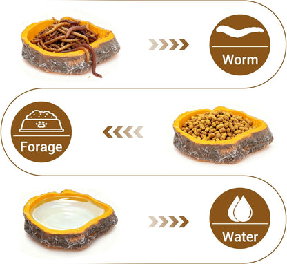 2-Pack Reptile Water Dish, Food Bowl Set - Natural Rock Design Snake Water Bowl, Leakproof Resin Feeder for Bearded Dragons, Turtles, Geckos, Snakes | Terrarium Decor Essentials