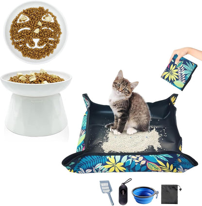BNOSDM Raised Cat Slow Feeder Bowl and Travel Litter Box for Car, Hotels, Outings, Temporary Stays