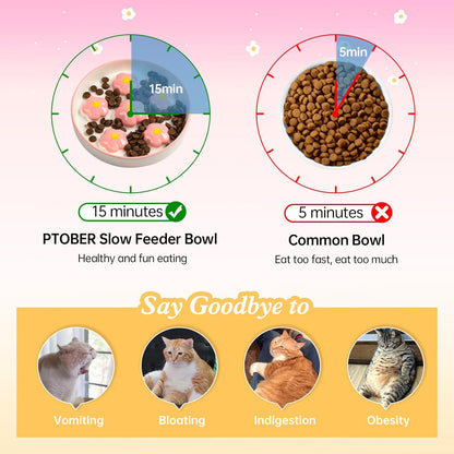 Ceramic Cat Slow Feeder Bowl - 6 OZ Puzzle Food Dish for Healthy Eating - Shallow Wide Whisker Friendly - Dishwasher Safe - 6.3 x 1.2 Inch - Blush Pink Flower