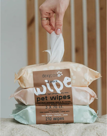 Pet Cleansing Wipes - 3 Packs (70ct Each) - Aloe-Lavender-Rose Water - Wet Wipes for Dogs & Cats, Fur-Paws-Face, Natural Pet Safe Grooming