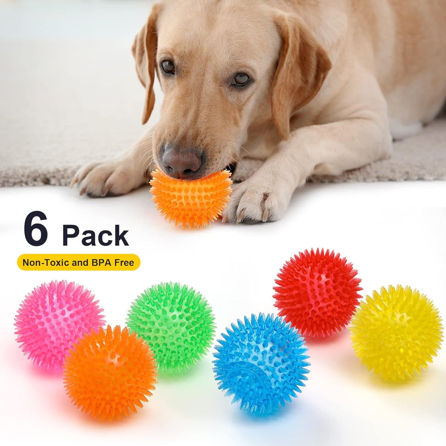 VITEVER 3.5” Squeaky Dog Toy Balls (6 Colors) Puppy Chew Toys for Teething, BPA Free Non-Toxic, Spikey Dog Balls for Medium, Large & Small Dogs, Durable Toys for Aggressive Chewers