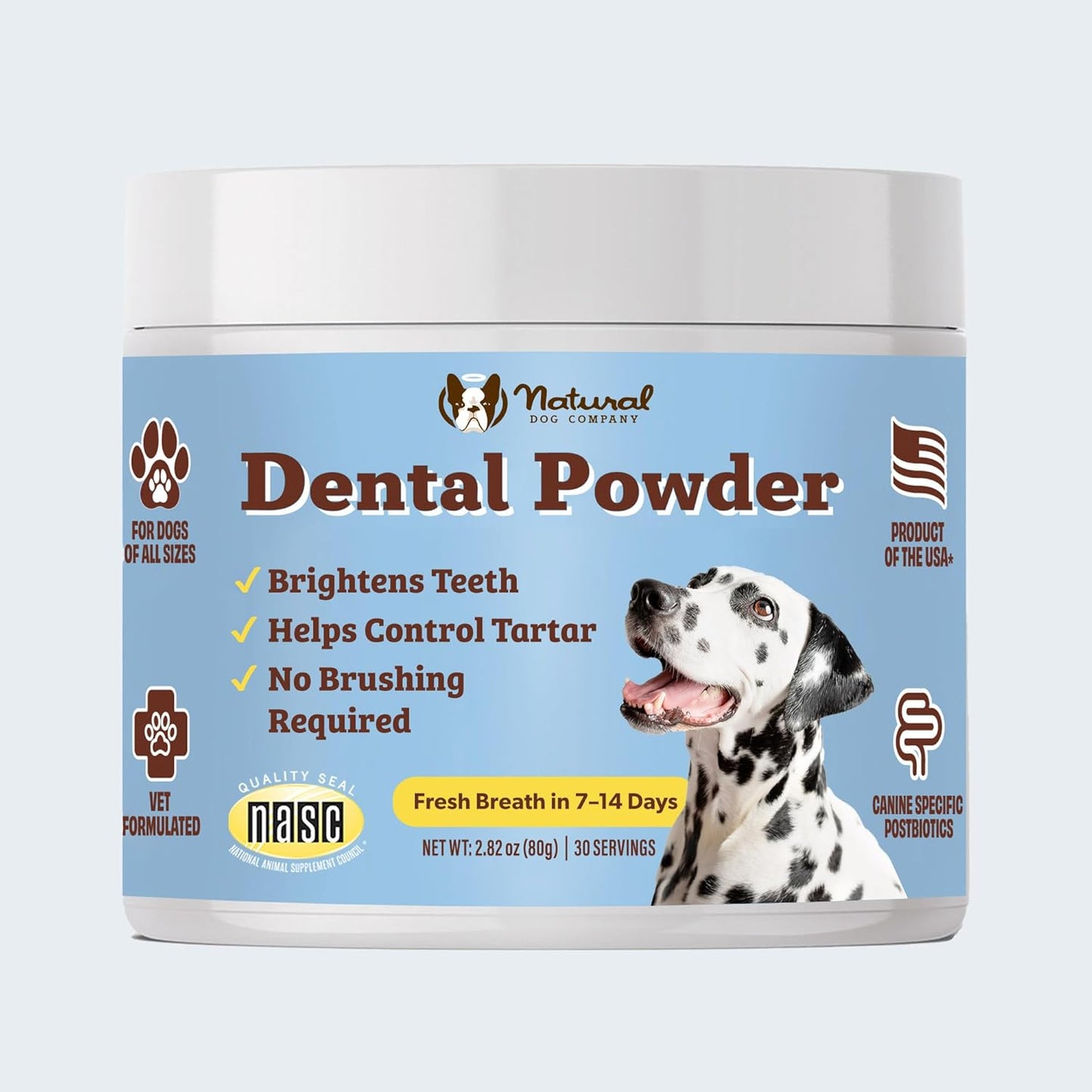 Natural Dog Company Dental Powder for Dogs – Freshens Breath & Helps Reduce Plaque & Tartar, Natural No-Brushing Canine Oral Health Postbiotic Supplement, Vet Formulated, Made in USA, 30-Day Supply