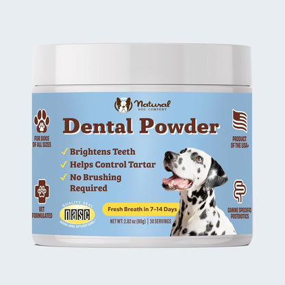 Natural Dog Company Dental Powder for Dogs – Freshens Breath & Helps Reduce Plaque & Tartar, Natural No-Brushing Canine Oral Health Postbiotic Supplement, Vet Formulated, Made in USA, 30-Day Supply