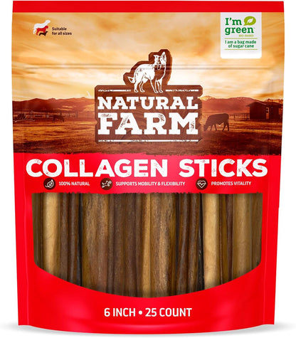 Natural Farm Collagen Sticks for Dogs (6 Inch, 25 Pack), Odor-Free Long Lasting Chews & Rawhide Alternative - 95% Collagen, Low Fat, High Protein - Best Dental Dog Treats - Medium & Large Dogs