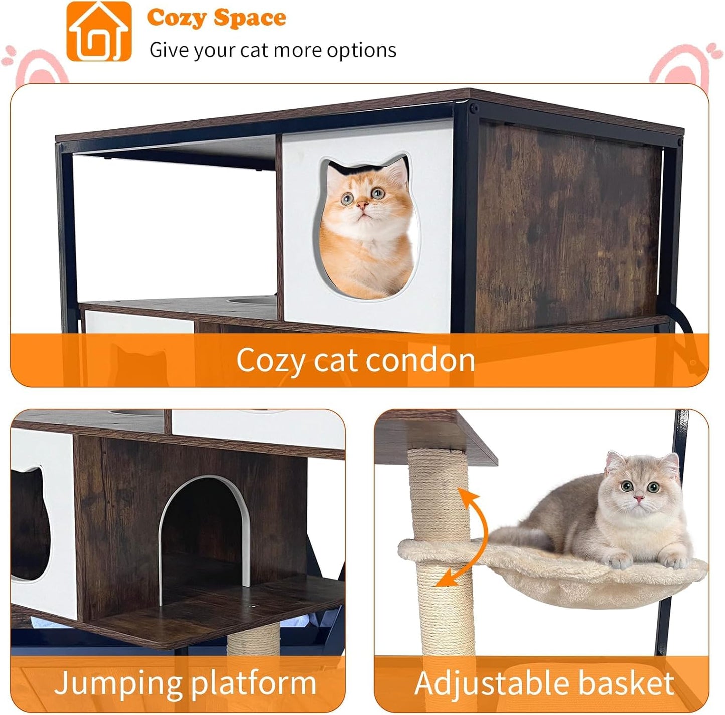 Cat Tower with Litter Box Enclosure, Wooden Hidden Litter Box Cat Tree Cabinet on Wheels with Condo, Hammock and Scratching Post, Dog Proof Cats Washroom Furniture