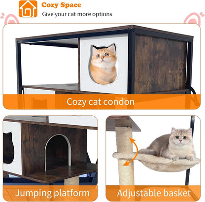 Cat Tower with Litter Box Enclosure, Wooden Hidden Litter Box Cat Tree Cabinet on Wheels with Condo, Hammock and Scratching Post, Dog Proof Cats Washroom Furniture
