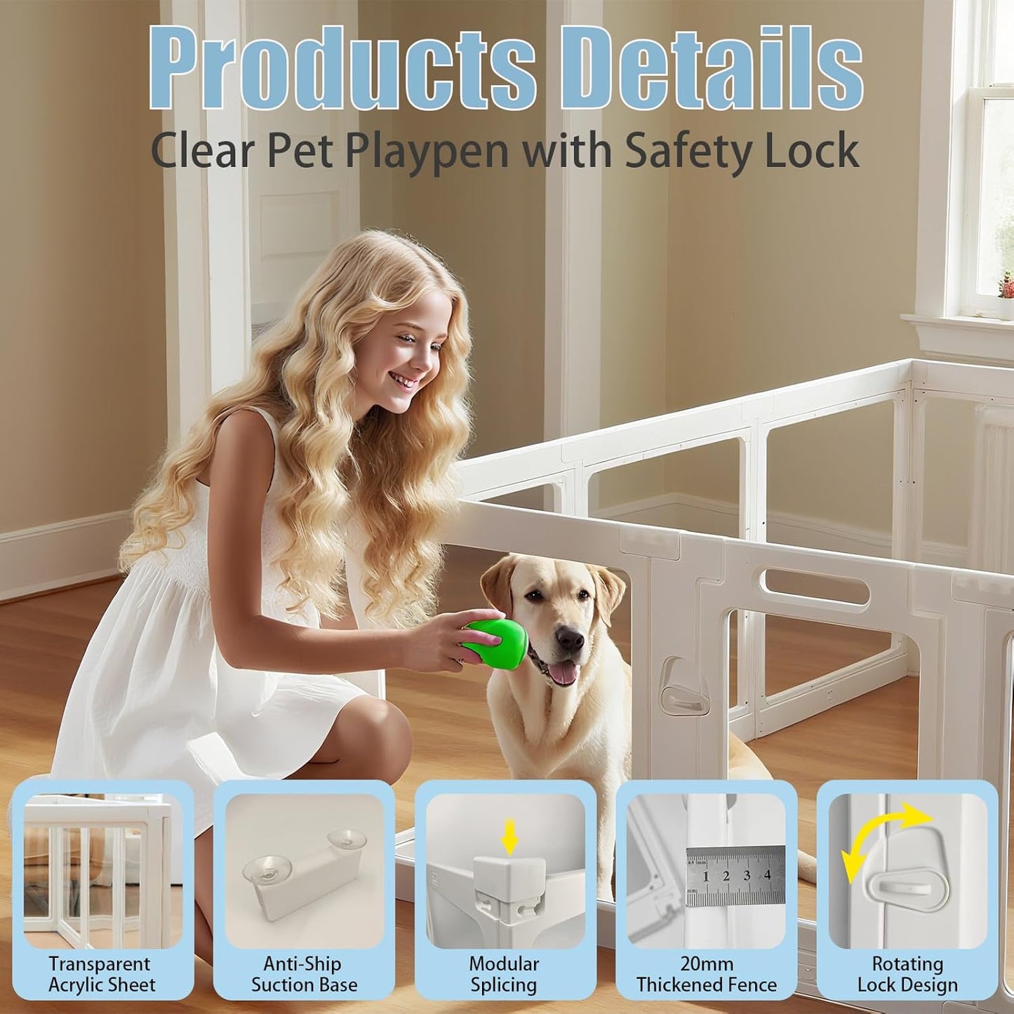 Clear Acrylic Dog Playpen Small Pet Play Pen for Small Dogs, Puppies, Cats & Rabbits, Assemble & Disassemble, with Door & Suction Cups (23.6" H, 12PCS),White