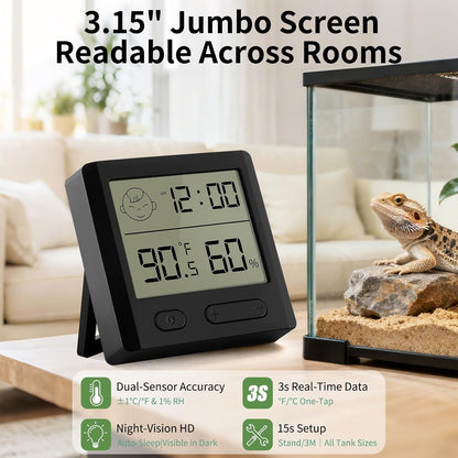 Reptile Thermometer Hygrometer – Digital Terrarium Thermometer for Snakes, Lizards, Spiders | Accurate Temperature & Humidity Gauge with Alarm, Backlit Display