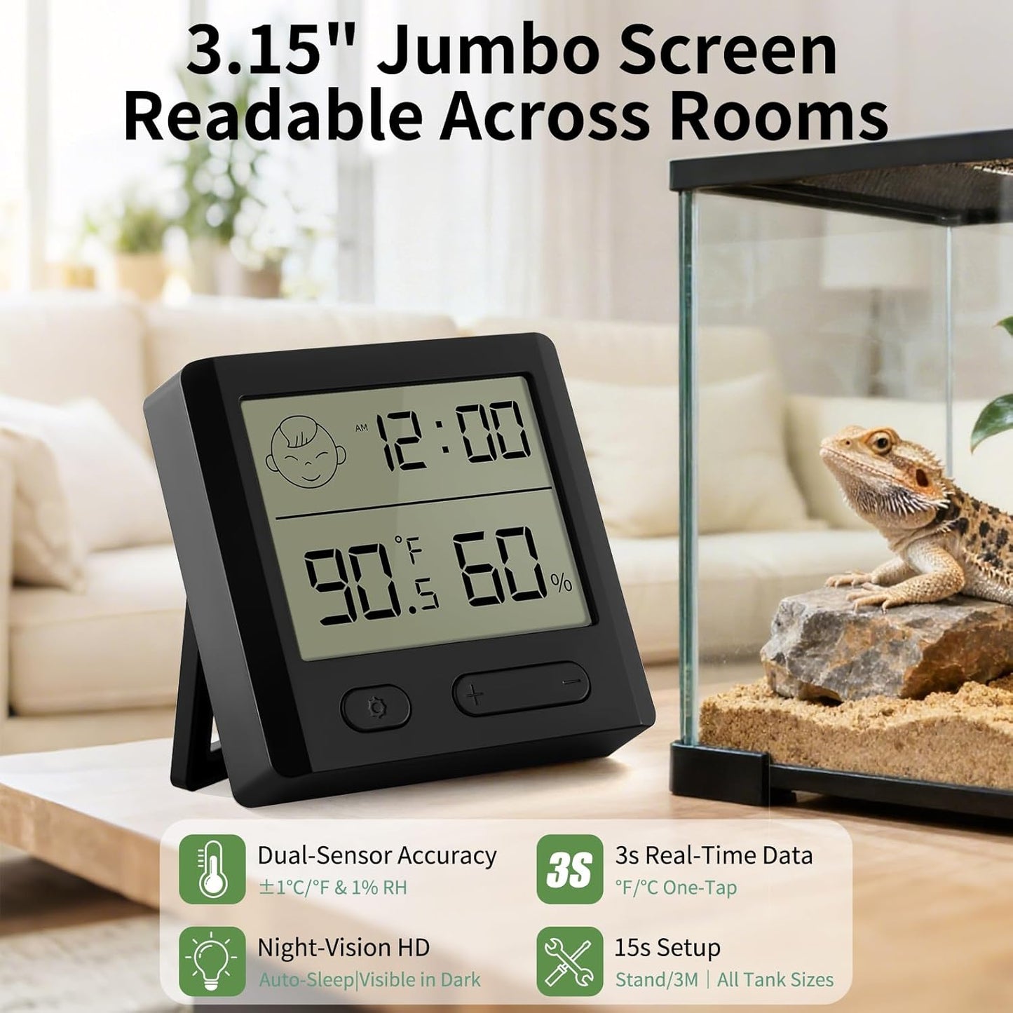Reptile Thermometer Hygrometer – Digital Terrarium Thermometer for Snakes, Lizards, Spiders | Accurate Temperature & Humidity Gauge with Alarm, Backlit Display