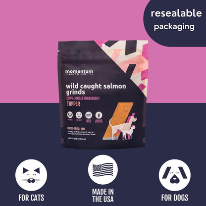 Momentum Carnivore Nutrition Freeze-Dried Wild-Caught Salmon Pet Food Topper – Single-Ingredient, All-Natural Topper – High-Protein for Dogs and Cats, Grain-Free and Made in The USA– (3.75 oz Bag)