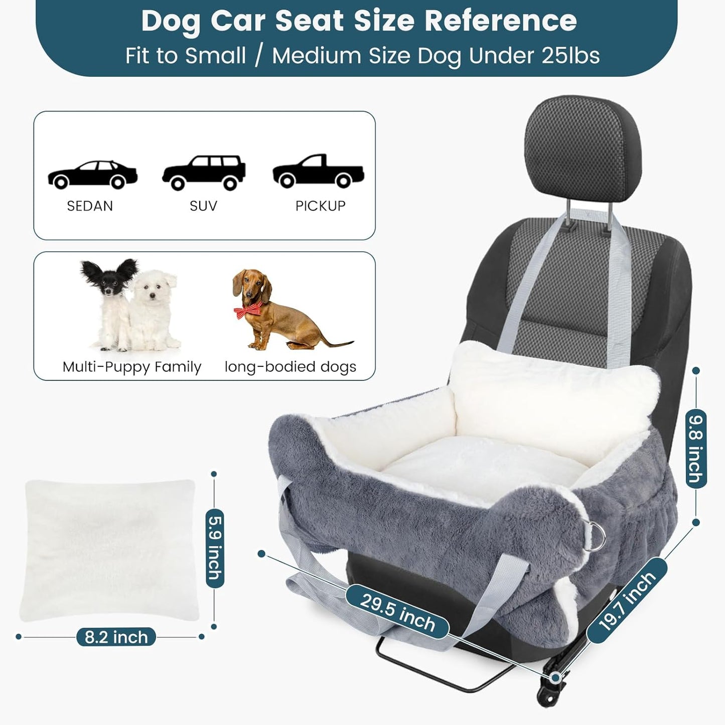 29.5"x19.7"x9.8" Dog Car Seat for Middle Dogs & Cats, Car Seat for Dogs with Plush Cushion, Non-Slip Bottom & Safety Leash, Cat & Dog Bed with Side Pocket for Sedan, SUV and Truck, Washable