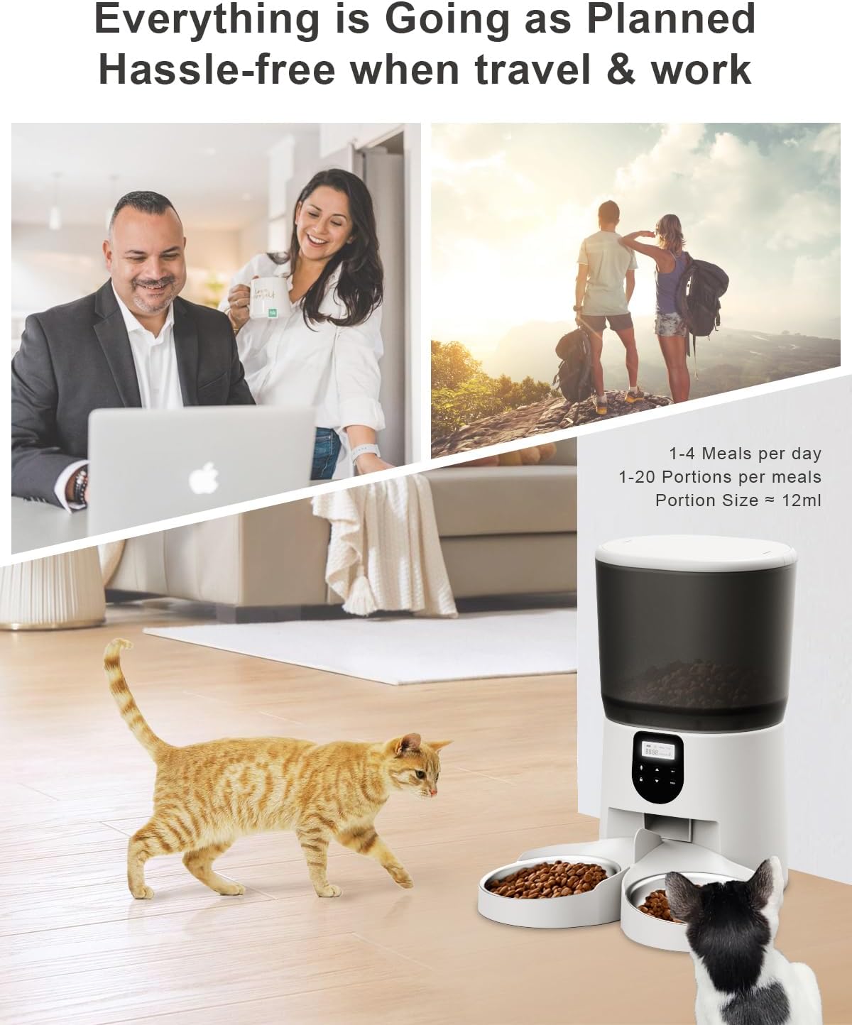 Automatic Cat Feeders for 2Cats, 6L/25cup Automatic Cat Food Dispenser with 2 Stainless Pet Bowls,10s Meal Call Timer Setting 20 Portions 6Meals Per Day, Timed Pet Feeder for Cats Dog Indoor Dry Food