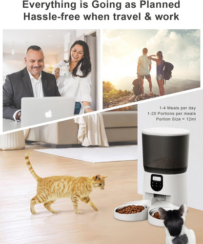 Automatic Cat Feeders for 2Cats, 6L/25cup Automatic Cat Food Dispenser with 2 Stainless Pet Bowls,10s Meal Call Timer Setting 20 Portions 6Meals Per Day, Timed Pet Feeder for Cats Dog Indoor Dry Food