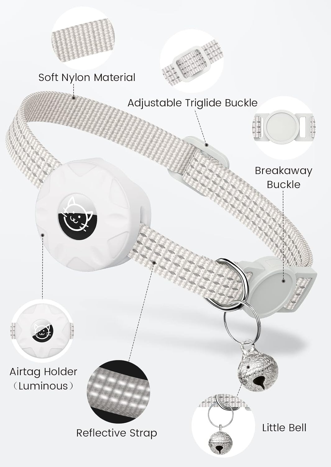 Apple AirTag Cat Collar, GPS Tracker Kitten Collar with Breakaway Feature, Lightweight and Reflective, Suitable for Cats, Kittens and Puppies (White)