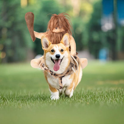 DELIFUR Dog Halloween Costume Funny Dog Cowboy Riding Costume Pet Costume Cat Suit Cowboy Rider Style for Small Medium Large Dogs (Primitive Man, Small)