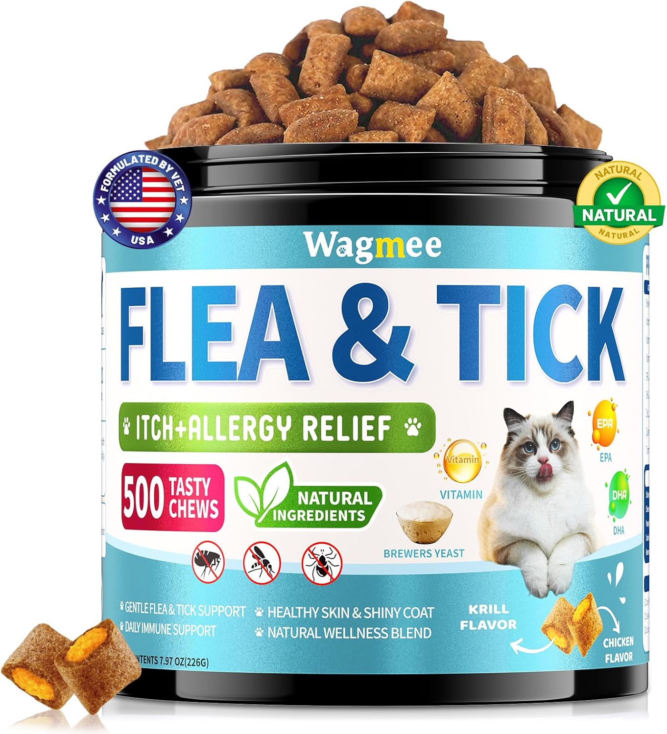Natural Cat Flea Treatment Chewables – 500 Crunchy & Creamy Tasty Chews, Flea and Tick Prevention for Cats with Skin & Coat Support, Oral Flea & Tick Supplement & Allergy Relief for Cats, Chicken