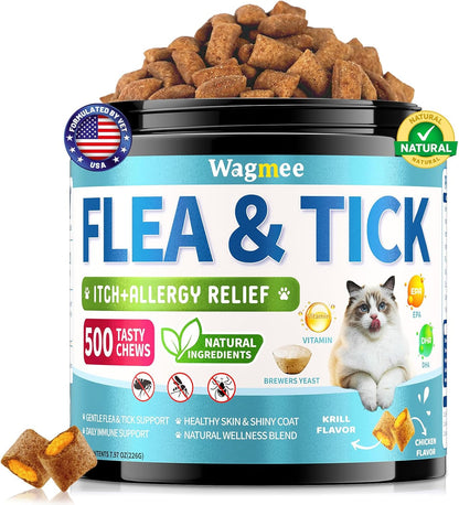 Natural Cat Flea Treatment Chewables – 500 Crunchy & Creamy Tasty Chews, Flea and Tick Prevention for Cats with Skin & Coat Support, Oral Flea & Tick Supplement & Allergy Relief for Cats, Chicken