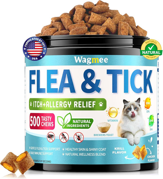 Natural Cat Flea Treatment Chewables – 500 Crunchy & Creamy Tasty Chews, Flea and Tick Prevention for Cats with Skin & Coat Support, Oral Flea & Tick Supplement & Allergy Relief for Cats, Chicken