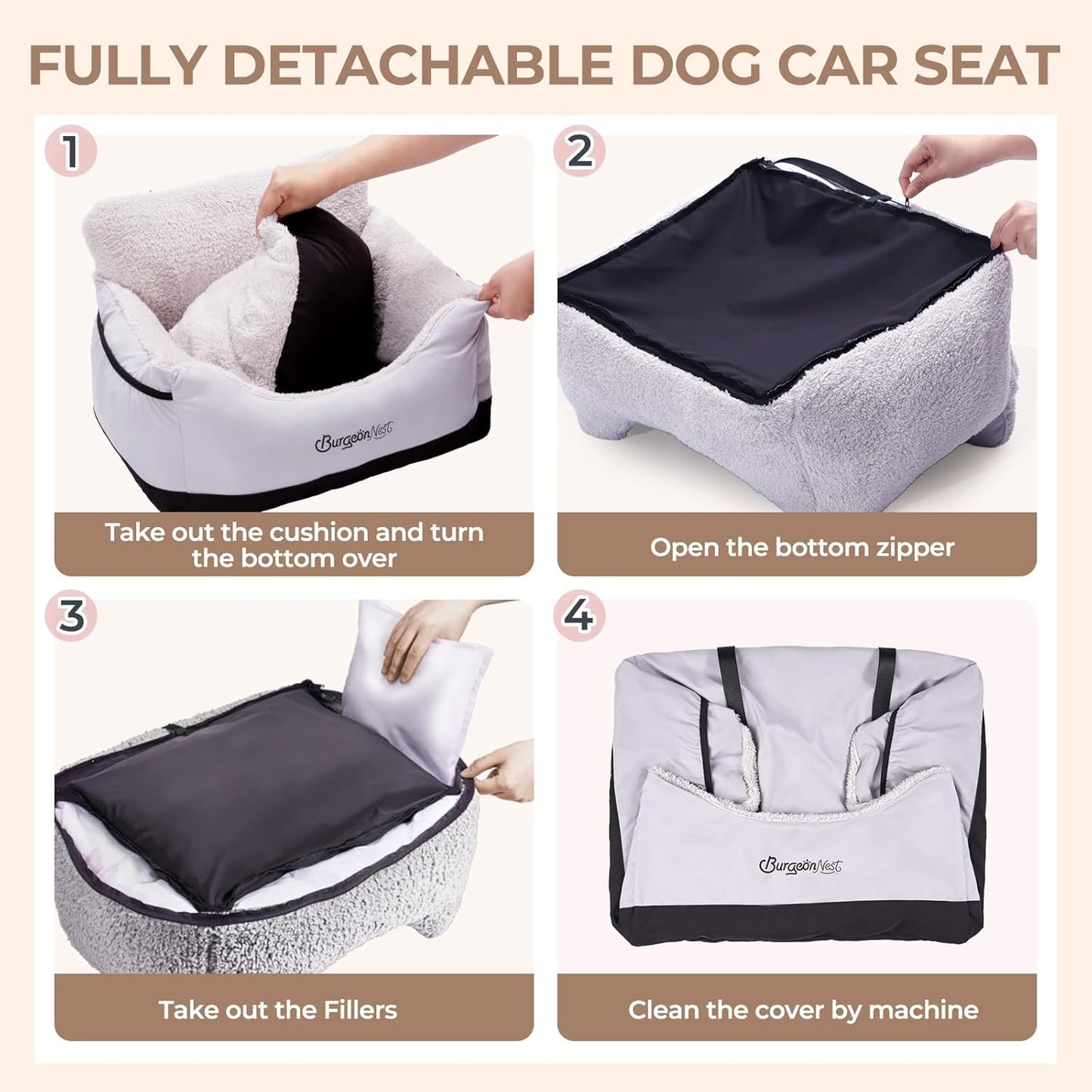 BurgeonNest Dog Car Seat for Small Dogs, Detachable and Washable Cat Carseats Under 25 lbs, Soft Pet Booster Seats with Storage Pockets and Clip-On Leash Portable Car Travel Carrier Bed, Black Grey