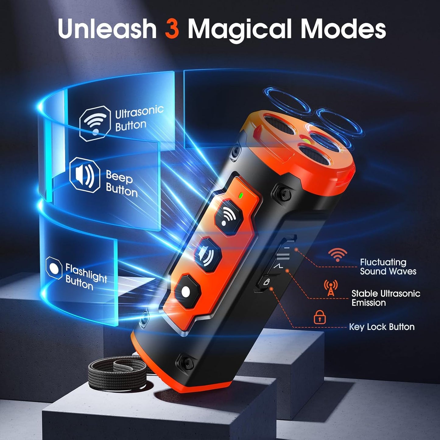 1-Touch Dog Bark Deterrent Devices with 3 Sonic Heads,Portable 50ft Range Anti Barking Device for Dogs,Rechargeable & Safe Dog Training Tool with Flashlight,Helps Improve Dog's Behavior Orange