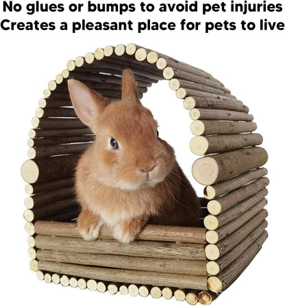 Wooden Rabbit House Hanging Hideout, Natural Wood Small Animal Hut, Well Ventilated Wooden Nest for Rabbit Chinchilla Guinea Pig, Safe Non Pet Habitat with Easy Install