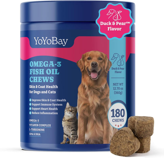 Fish Oil Chews for Dogs & Cats, Omega 3 Fish Oil for Dogs - Rich in Omega 3, 6, and 9 with Flaxseed Oil, EPA & DHA - 180 Soft Chews, Duck & Pear Flavor - Anti-Inflammation, Skin & Coat Health
