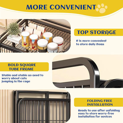 Collapsibles Cat Cages Indoor,Portable Cats Enclosures 2/3/4-Tier,Heavy-Duty Cat Playpens with Universal Wheels,Large Metal Animal cage Pet Crate No Assemblys Required (Black, 4-Tier (No Litter Box))