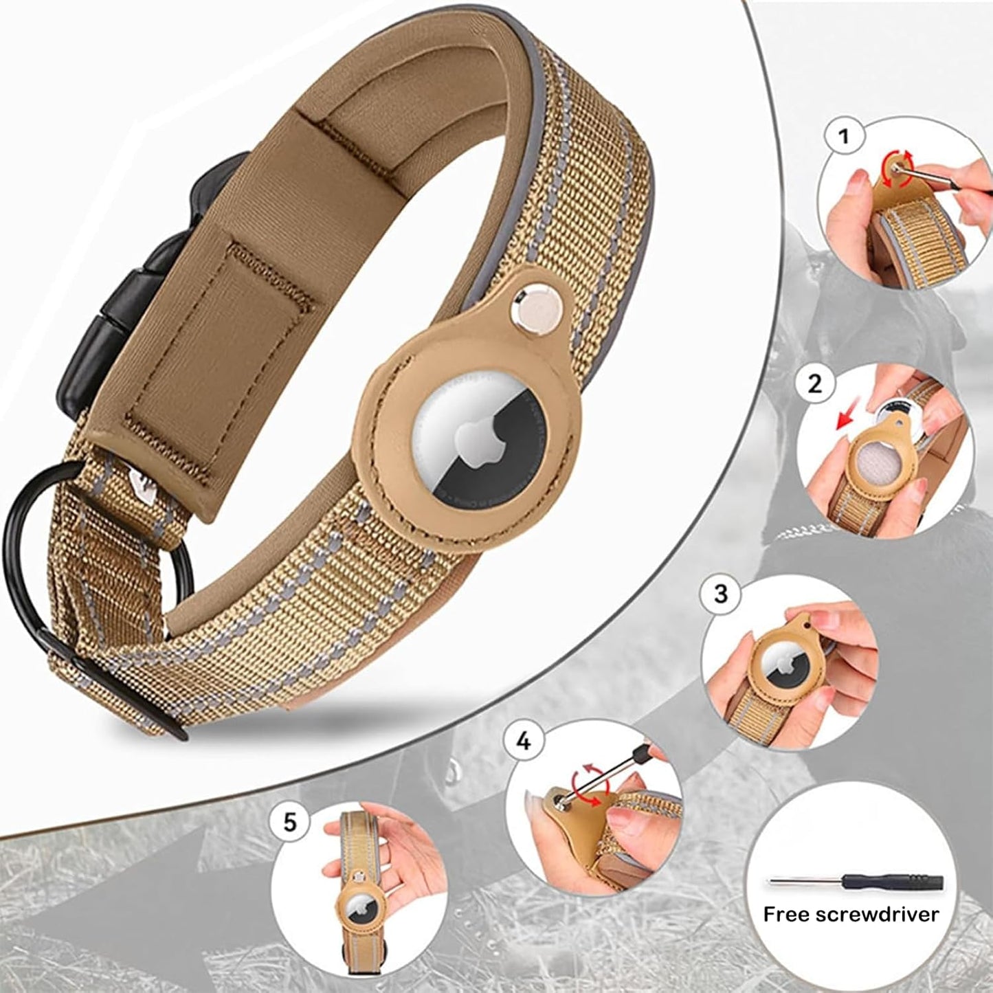Ericfavre Airtag Dog Collar, Reflective Dog Collar with Airtag Holder, Comfortable Padded and Adjustable Airtag Dog Tracking Collar with Airtag Dog Collar Holder for Small Medium Large Dog (Beige, S)