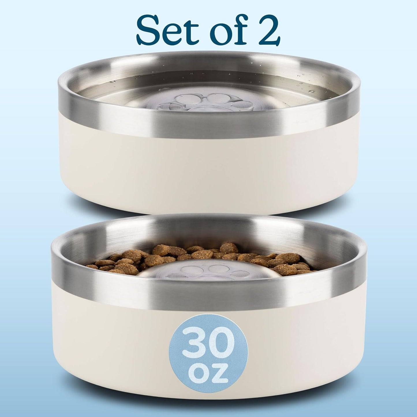 Set of 2 Stainless Steel Slow Feeder Dog Bowls - 30oz Double Wall Insulated Food and Water Bowls for Dogs - Non Slip Metal Pet Dishes for Small-Medium Sized Pets PETMAKER (Cream)