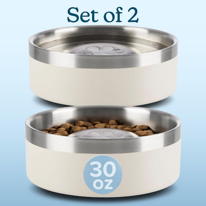Set of 2 Stainless Steel Slow Feeder Dog Bowls - 30oz Double Wall Insulated Food and Water Bowls for Dogs - Non Slip Metal Pet Dishes for Small-Medium Sized Pets PETMAKER (Cream)