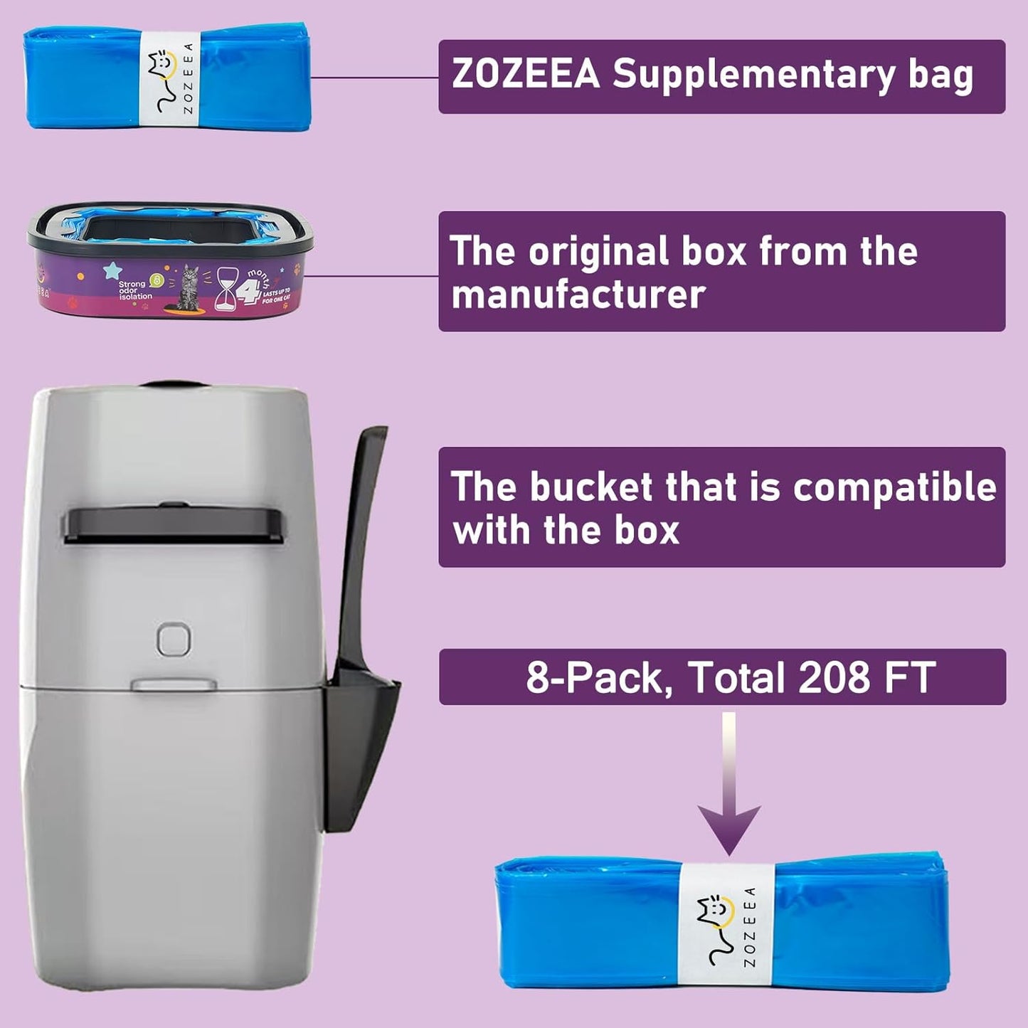 8 Pack Cat Litter Refill Bags Compatible with Litter Genie XL+/XL/Plus/Standard/Style/Pet Pail, Extra 80% Length 32 Months Use Time, Super Odor Control Litter Refills